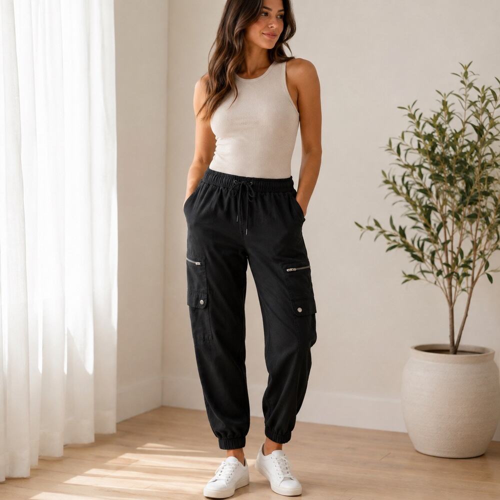 Banana Republic Women’s Small Black Lyocell Cargo Jogger Pants Zip Pockets